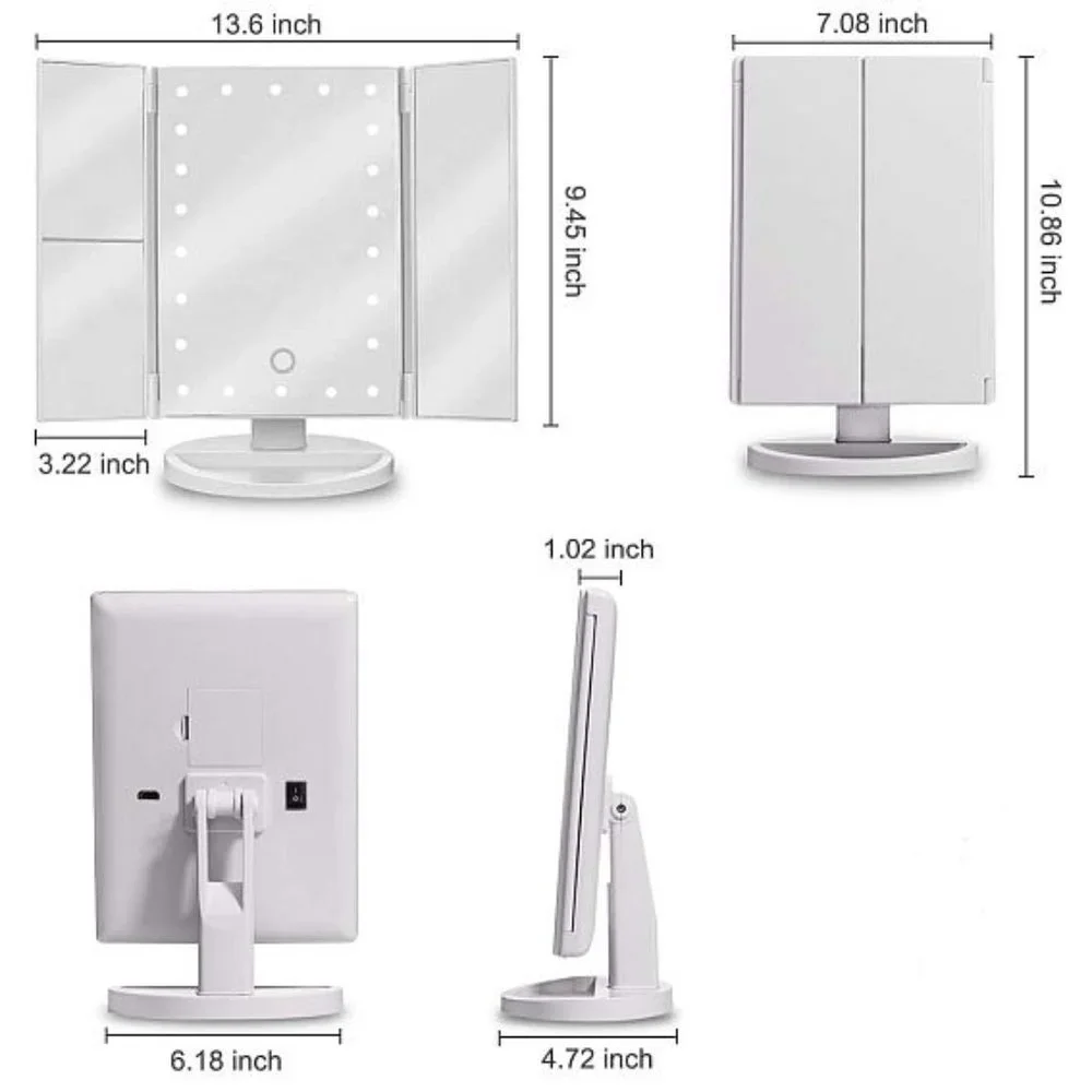Nearly New White Tri-Fold Battery operated Lighted Mirror with USB power option